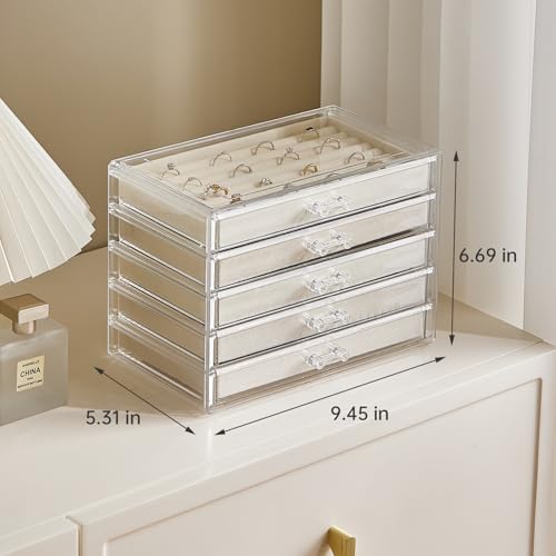 Acrylic Jewelry Box with 5 Drawers, Clear Earring Holder Organizer Rings Display Case with Adjustable Velvet Trays for Women Girls,Creamy-white - color: Creamy-white