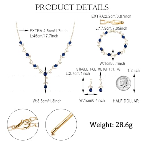 EVER FAITH Cubic Zirconia Pearl Leaf Bridal Jewelry Set for Bride Women | White Wedding Prom Necklace Dangle Earrings Bracelet, for Bridesmaid - color: CZ_Blue Gold-Plated-Brass