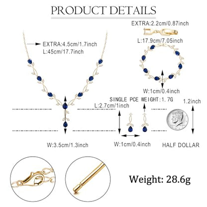 EVER FAITH Cubic Zirconia Pearl Leaf Bridal Jewelry Set for Bride Women | White Wedding Prom Necklace Dangle Earrings Bracelet, for Bridesmaid - color: CZ_Blue Gold-Plated-Brass