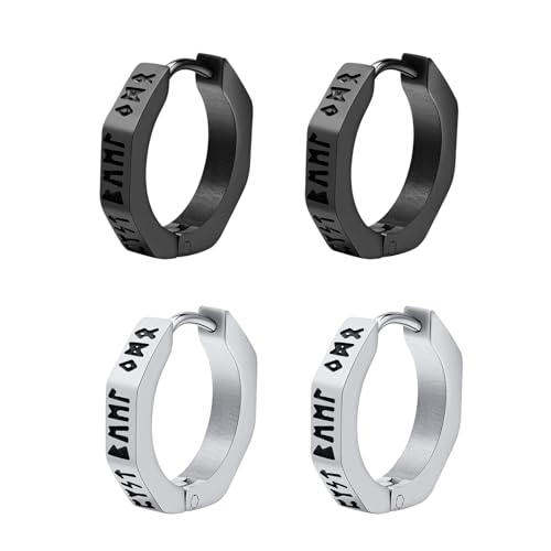 Aroncent 2-8Pcs Womens Mens Huggie Hoop Triangle Earrings Viking Runes Stainless Steel Ear Stud Novelty Black/Gold/Silver - color: F-Viking Geometric Earrings-2PCS