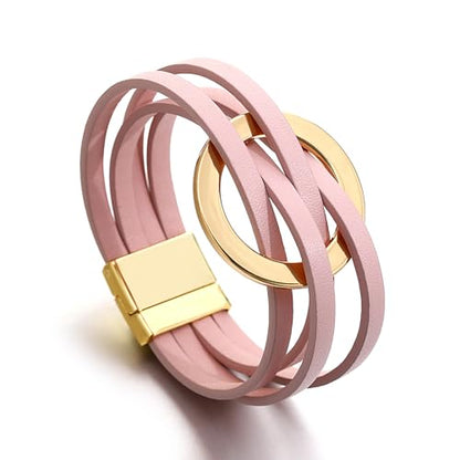 hotoo Circle Charm Bracelets for Women Handmade Leather Wrap Bracelets for Couples Friendship Bracelet Bohemian Cuff Bangle Boho Jewelry Gift - color: New Pink