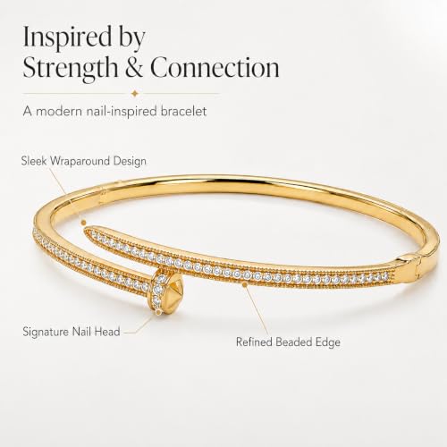 AuraLyric Gold Bracelets for Women, 14K Gold Plated Nail/Love/Emerald Green/Teardrop/Round White CZ Bangle Bracelets, Stackable Gold Bangles Non Tarnish, Gifts for Wife Mom Daughter 6.5 Inch - color: White CZ - Pave Set