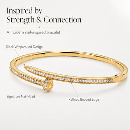 AuraLyric Gold Bracelets for Women, 14K Gold Plated Nail/Love/Emerald Green/Teardrop/Round White CZ Bangle Bracelets, Stackable Gold Bangles Non Tarnish, Gifts for Wife Mom Daughter 6.5 Inch - color: White CZ - Pave Set