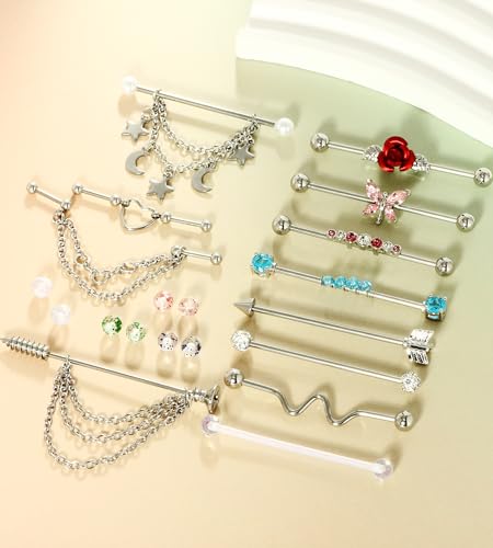 TIANCI FBYJS 7-16pcs 14G Stainless Steel Industrial Piercing Barbell Earring Cartilage Body Jewelry 38mm 1&1/2 Inch Industrial Piercing Bar for Women Men Snake Chain Dangle - color: new set mix color