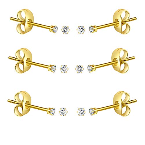 FOSIR 10 Pairs Tiny Womens Surgical Stainless Steel Clear Cubic Zirconia Stud Earrings, Hypoallergenic 316L Earrings Set - style: 2mm-6 pair-Gold