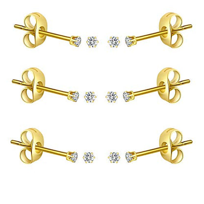 FOSIR 10 Pairs Tiny Womens Surgical Stainless Steel Clear Cubic Zirconia Stud Earrings, Hypoallergenic 316L Earrings Set - style: 2mm-6 pair-Gold