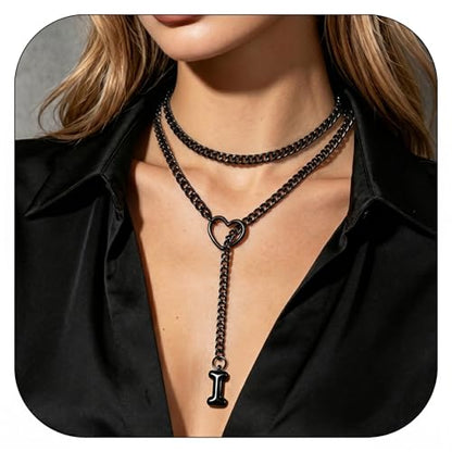 Black Heart Slip Chain Initial Necklaces for Women, Stainless Steel Wrap Choker Necklace, Gothic O-Ring Adjustable Lariat Y Necklaces, Punk Cuban Collar Choker Necklace, Halloween Jewelry Gift - color: Black I