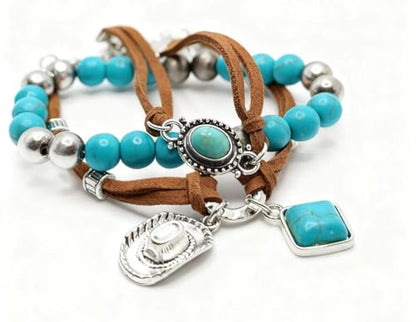 LOTSOF Western Turquoise Beaded Bracelet, Chic Stack Beaded Western Style for Country Concerts, Cowgirl Outfits & Boho Jewelry - color: Western Turquoise Cowboy Hat