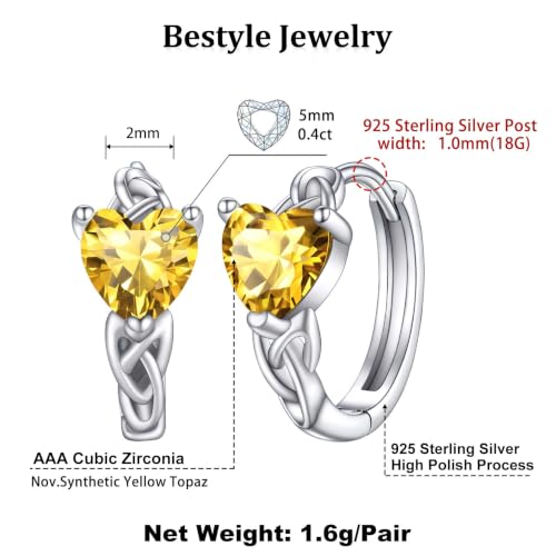 Bestyle 925 Sterling Silver Huggie Hoop Earrings Small Birthstone Hoop Earrings for Women Hypoallergenic Silver Huggie Earring,Great Birthday Earrings Gift for Daughter Wife Mom - color: 11-Yellow Topaz-Hoop