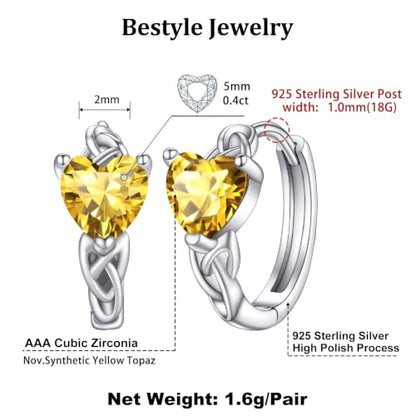 Bestyle 925 Sterling Silver Huggie Hoop Earrings Small Birthstone Hoop Earrings for Women Hypoallergenic Silver Huggie Earring,Great Birthday Earrings Gift for Daughter Wife Mom - color: 11-Yellow Topaz-Hoop