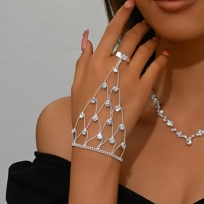 Wedding Jewelry Sets for Brides Rhinestone Necklace and Earring Set Bracelet Ring Gold Silver Prom Jewelry Sets Diamond Flower Teardrop Necklace for Women - color: Style1-Silver-3pcs