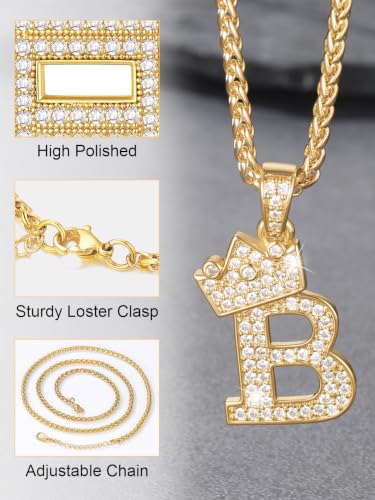 U7 Crown Initial Necklace Men Women, Bling Diamond A-Z 0-9 Letter Pendant with Wheat Chain, Silver/Black/Gold Plated CZ Alphabet Number Hip Hop Jersery for Father Husband - color: a. Gold, size: 21. U
