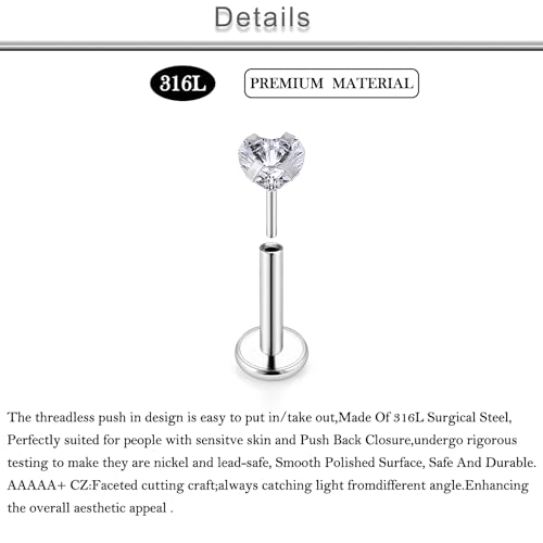 20G 18G 16G Threadless Lip Labret Medusa Monroe Nose Piercing Jewelry Surgical Steel Snake Bites Lip Rings Flat Back Push in Cartilage Tragus Helix Conch Earring Stud 6mm 7mm 8mm 10mm Bars - color: Silver-20G（0.8mm)-6/7/8/10mm Bars-3mm CZ