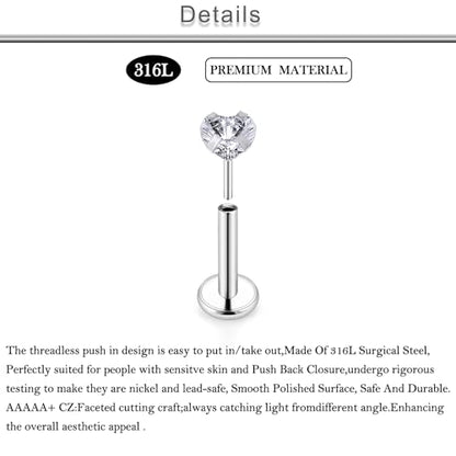 20G 18G 16G Threadless Lip Labret Medusa Monroe Nose Piercing Jewelry Surgical Steel Snake Bites Lip Rings Flat Back Push in Cartilage Tragus Helix Conch Earring Stud 6mm 7mm 8mm 10mm Bars - color: Silver-16G（1.2mm)-6/7/8/10mm Bars-3mm CZ