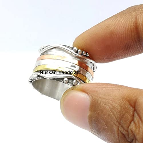 925 Sterling Silver 3 Tone Spinner Band Ring, Hammered Spin Yoga Ring, Spinning Dainty Ring, Unique Handmade Wedding Gifts Ring For Women