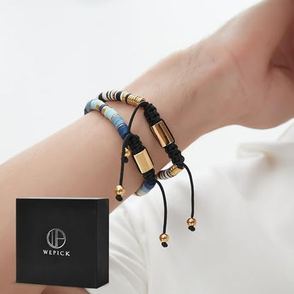 18K Gold-Plated Bracelets for Men Franco Link Chain Adjustable | Stainless Steel Bracelet, Gold Beads Bracelet, Handcrafted Braided, Mens Jewelry Birthday Gift for Men - color: Black with White