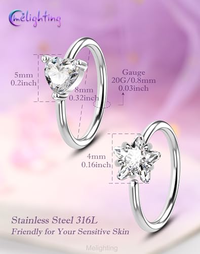 Melighting 20G Seamless Open Nose Rings Set, Star &Heart Nose Ring Hoop Clear CZ, 316L Stainless Steel Jewelry Set for Nostril Septum Cartilage Helix Piercing 8 mm - style: Style1