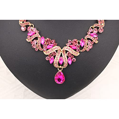 Jewelry Set for Women, Statement Necklace Dangle Earrings Bracelet Ring, White/KC Gold Plated Jewelry Set with Rhinestone Pearl Crystal Wedding Party Jewelry for Bridal Bridesmaid - color: Set001-Style2-Rose Red-Gold Plated
