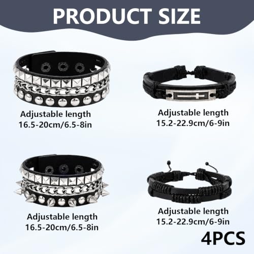 4 Pcs Edgy Punk Bracelets Set, Leather Vintage Punk Rock Spiked Studded Bangle Cuff Bracelets Alternative Wrist Bands for Women Men Biker Rockers Fashion Accessories