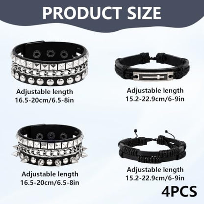 4 Pcs Edgy Punk Bracelets Set, Leather Vintage Punk Rock Spiked Studded Bangle Cuff Bracelets Alternative Wrist Bands for Women Men Biker Rockers Fashion Accessories