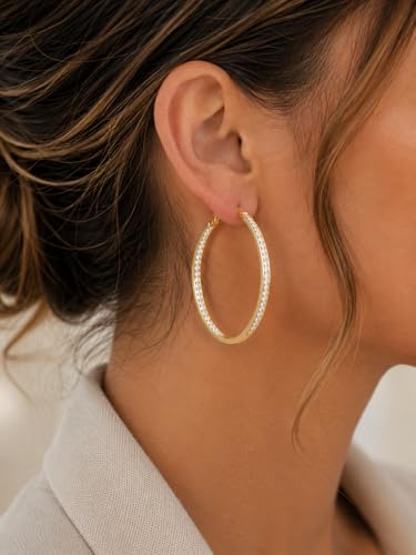 Stainless Steel Inside Out 40mm Hoop Earrings for Women – Sparkling CZ Crystal Hoops, Hypoallergenic, Lightweight, Modern Everyday Earrings – Silver, 18K Gold Plated, & Black Options - color: 18K Gold Plated