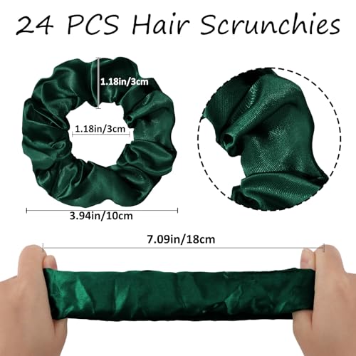 Jaciya Satin Scrunchies for Women Green Hair Scrunchies Elastic Hair Ties | 24 Pack Elastic Hair Ties for Ponytails and Buns - color: Dark Green