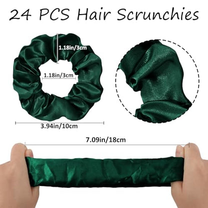 Jaciya Satin Scrunchies for Women Green Hair Scrunchies Elastic Hair Ties | 24 Pack Elastic Hair Ties for Ponytails and Buns - color: Dark Green