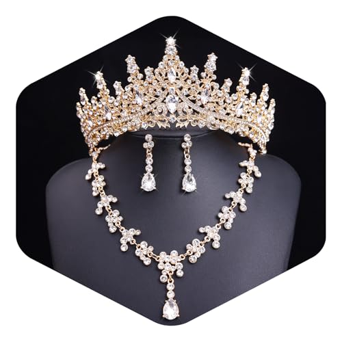 Crystal Crown and Tiara Jewelry Set for Women Bride with Necklace Earrings | Metal Rhinestone Royal Queen Princess Jewelry Set Wedding Quinceanera Pageant Prom Birthday Halloween Party Costume Gift - color: Gold