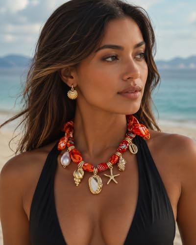 CLASSYZINT Scarf Necklace with Charms Heart Choker Necklace Shell Necklace Bandana Necklac Statement Choker Jewelry - color: Orange