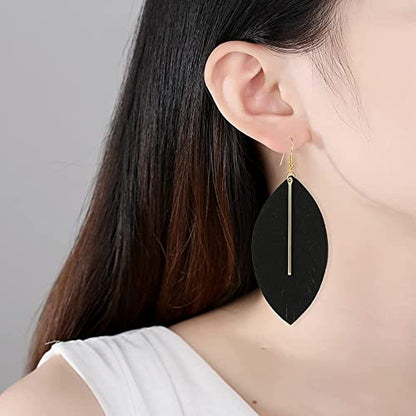 YUNXI Large Genuine Soft Leather Handmade Fringe Feather Lightweight Leaf with Simple Drop Metal Bar Tear Drop Dangle Color Earrings for Women - color: Black