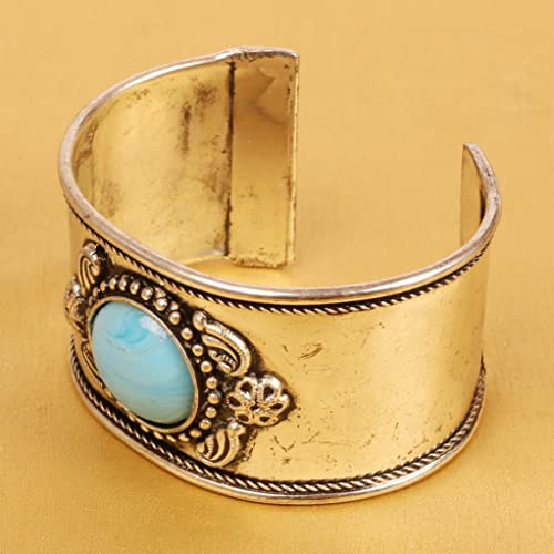 Touchstone Indian Bollywood Desire Brass Base Exotic Workmanship Free Size Cuff Bracelet in Antique Gold Or White Or Copper Tone for Women. - style: D121 Turquoise