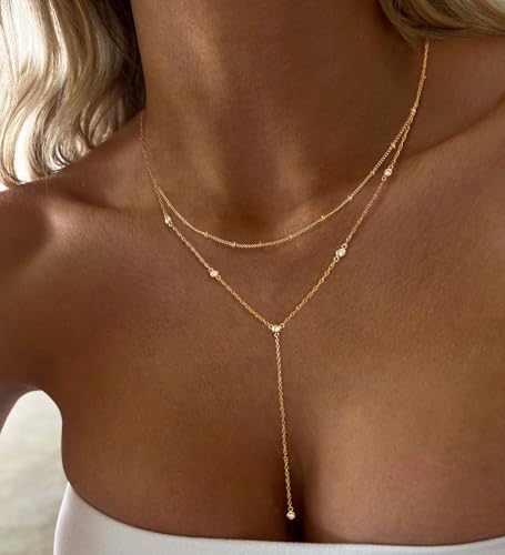 Layered Necklaces for Women,Dainty 14K Gold Plated Long Lariat Necklace Stack Simple Chain Pendant Necklace Fashion Accessories Long Necklaces for Women Trendy Gold Jewelry - color: CZ