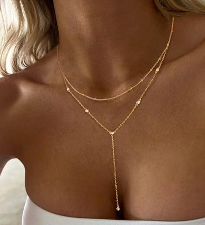 Layered Necklaces for Women,Dainty 14K Gold Plated Long Lariat Necklace Stack Simple Chain Pendant Necklace Fashion Accessories Long Necklaces for Women Trendy Gold Jewelry - color: CZ