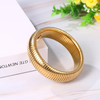 NMQLX Women's Elastic Bangle Bracelets: Stainless Steel Gold Chunky Wristband Bracelets - color: Gold - 20mm