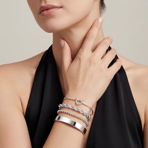 925 Sterling Silver Bracelets for Women Stack, Trendy Tennis Bangle Cuff Jewelry Set 14K Gold Plated, Adjustable Bracelet Set for Wrist Essentials, Women Fashion Watch Band Acecessories - style: Braccelet_4pcs_03Silver