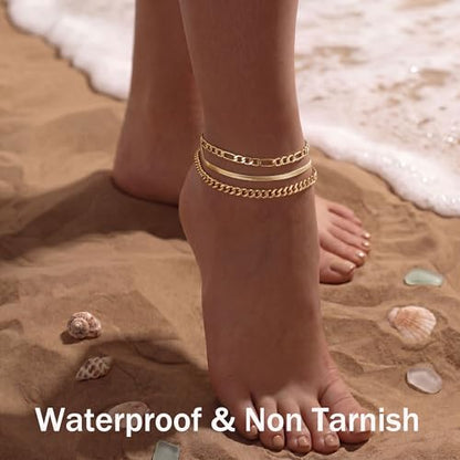 DEARMAY Gold Anklets for Women Waterproof | Non Tarnish14K Gold Plated Ankle Bracelets Set Stack, Summer Beach Jewelry Gifts for Vacation - color: Gold Anklet-A