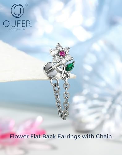 OUFER 16G Threadless Flat Back Cartilage Stud with Chain Dangle, Flower CZ Cluster Labret for Helix/Conch/Tragus/Lobe, 316L Stainless Steel, 6mm Post - color: Silver