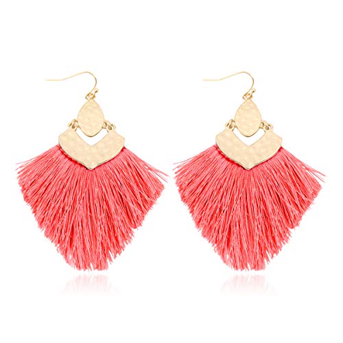 Bohemian Thread Tassel Drop Earrings - Geometric Petal Fan Fringe Feather Statement Chandelier Duster Dangles - color: Boho Tassel Chandelier - Coral