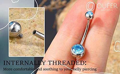 OUFER Titanium Belly Button Rings, Internally Threaded Belly Ring, Round CZ Navel Rings for Women Men - color: Blue, size: 1.6*14MM