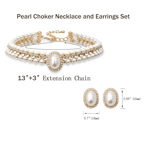 S SUSANN Costume Layered Twisted Gold Pearl Necklace Choker Chunky Glass Statement Pearl Necklace and Earring set, good gift for women Faux pearl necklace set - style: white rhinestones short choker