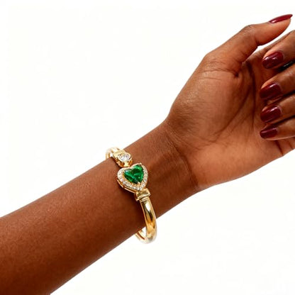 Gold Bracelets For Women, Emerald Sapphire Cuff Bracelet 14k Gold Plated With Simulated Diamond Trendy Open Bangle Gifts For Mom Gifts For Her - color: Green Heart Gold