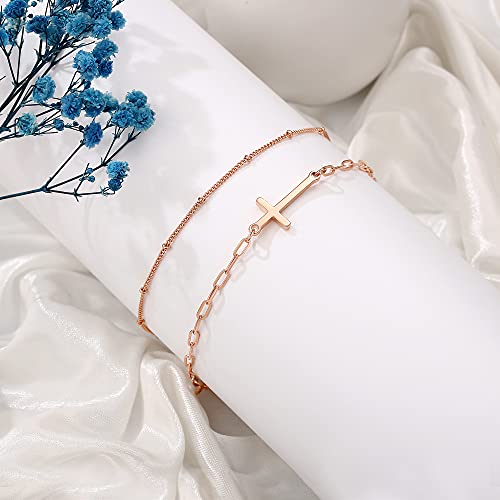Dainty Gold Bracelets for Women, 14K Gold Plated Adjustable Layered Beads Bracelet Cute Evil Eye Oval Chain Pearl Bar Turtle Gold Bracelets for Women Jewelry - style: Beads Chain&Cross-Rose