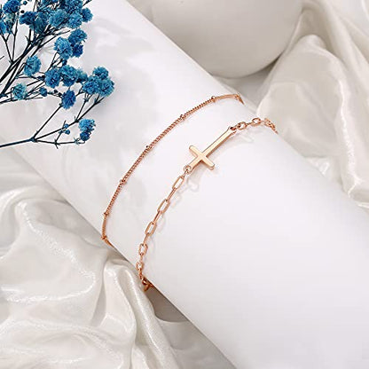 Dainty Gold Bracelets for Women, 14K Gold Plated Adjustable Layered Beads Bracelet Cute Evil Eye Oval Chain Pearl Bar Turtle Gold Bracelets for Women Jewelry - style: Beads Chain&Cross-Rose