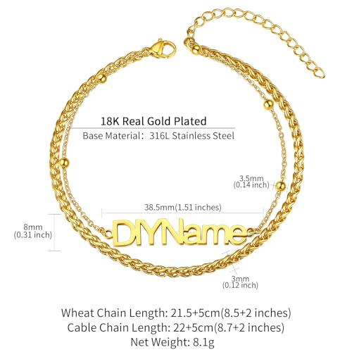 ChainsHouse Double Layer Anklet Bracelet for Women,Adjustable Chain Anklets Stackable Dainty Anklets,Stainless Steel/Gold Plated/Black Ankle Jewelry Gifts - color: B-Gold Plated-Wheat Chain