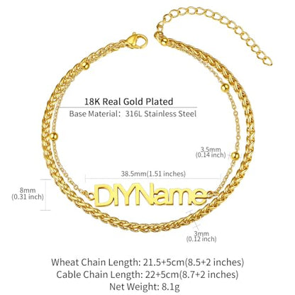ChainsHouse Double Layer Anklet Bracelet for Women,Adjustable Chain Anklets Stackable Dainty Anklets,Stainless Steel/Gold Plated/Black Ankle Jewelry Gifts - color: B-Gold Plated-Wheat Chain