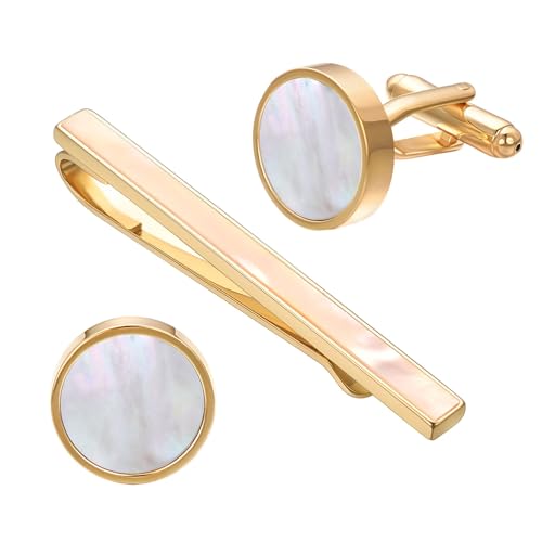Shell Tie Clip Cufflinks Set for Men Business Gold Silver Tie Bar Cuffs Wedding Party Suit Jewelry Gift - style: mother of pearl