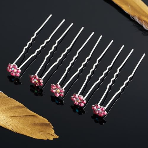 QIUTIMIY 20 Pack (Pink) Crystal Flower Hair Pins Rhinestone Hair Clips for Bridal Wedding Women Hair Jewelry Accessories, with Clear Container - color: Crystal Flower-Pink