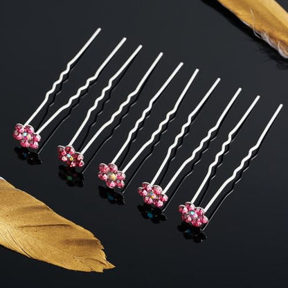QIUTIMIY 20 Pack (Pink) Crystal Flower Hair Pins Rhinestone Hair Clips for Bridal Wedding Women Hair Jewelry Accessories, with Clear Container - color: Crystal Flower-Pink