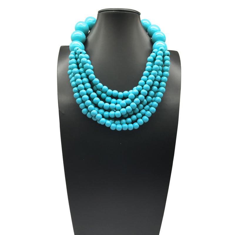 COLORFUL BLING Boho African Wooden Beaded Strands Necklace Ethnic Layered Chunky Collar Choker Wood Necklace for Women Hip Hop Statement Jewelry - color: light blue