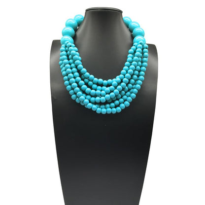 COLORFUL BLING Boho African Wooden Beaded Strands Necklace Ethnic Layered Chunky Collar Choker Wood Necklace for Women Hip Hop Statement Jewelry - color: light blue